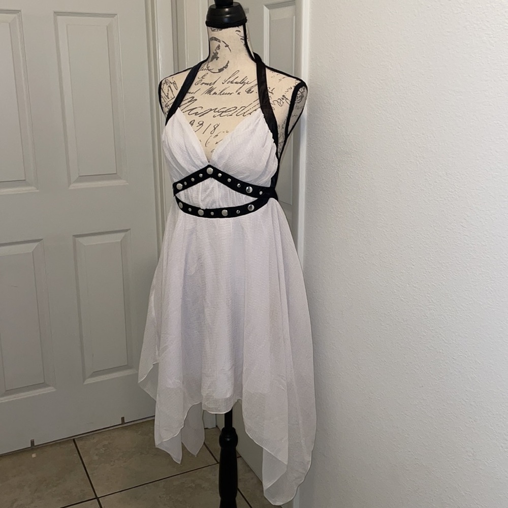 white and black studded halter dress, cruise ready